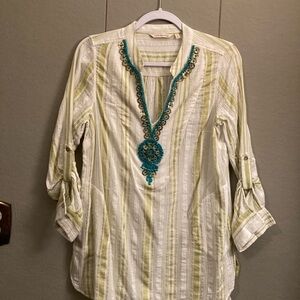 Soft Surroundings Cream Embellished Tunic with Mandarin Collar